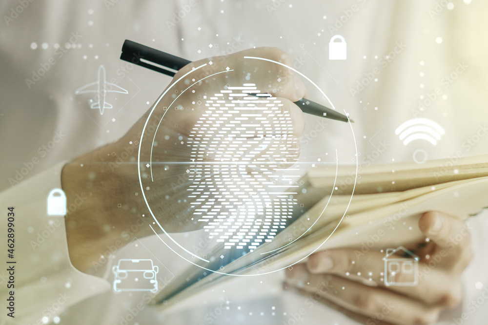 Poster Multi exposure of abstract fingerprint scan interface with man hand writing in notepad on background, digital access concept
