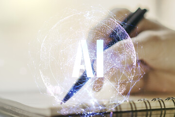 Double exposure of creative artificial Intelligence abbreviation with woman hand writing in notepad...