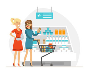 Smiling Woman with Shopping Cart Helping Disabled Friend to Buy Provisions Vector Illustration