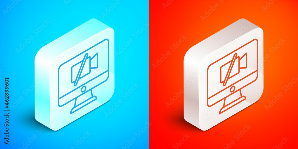 Poster Isometric line Video camera Off on computer icon isolated on blue and red background. No video. Silver square button. Vector