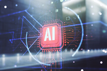 Double exposure of creative artificial Intelligence abbreviation hologram on contemporary business center exterior background. Future technology and AI concept
