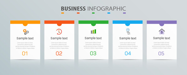 Business infographic template with 5 options, steps, process chart. Can be used for workflow layout, diagram, annual report, web design