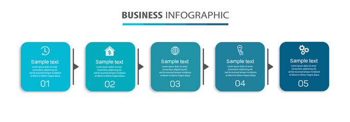 Business infographic design template with 5 options, steps or processes. Can be used for workflow layout, diagram, annual report, web design  
