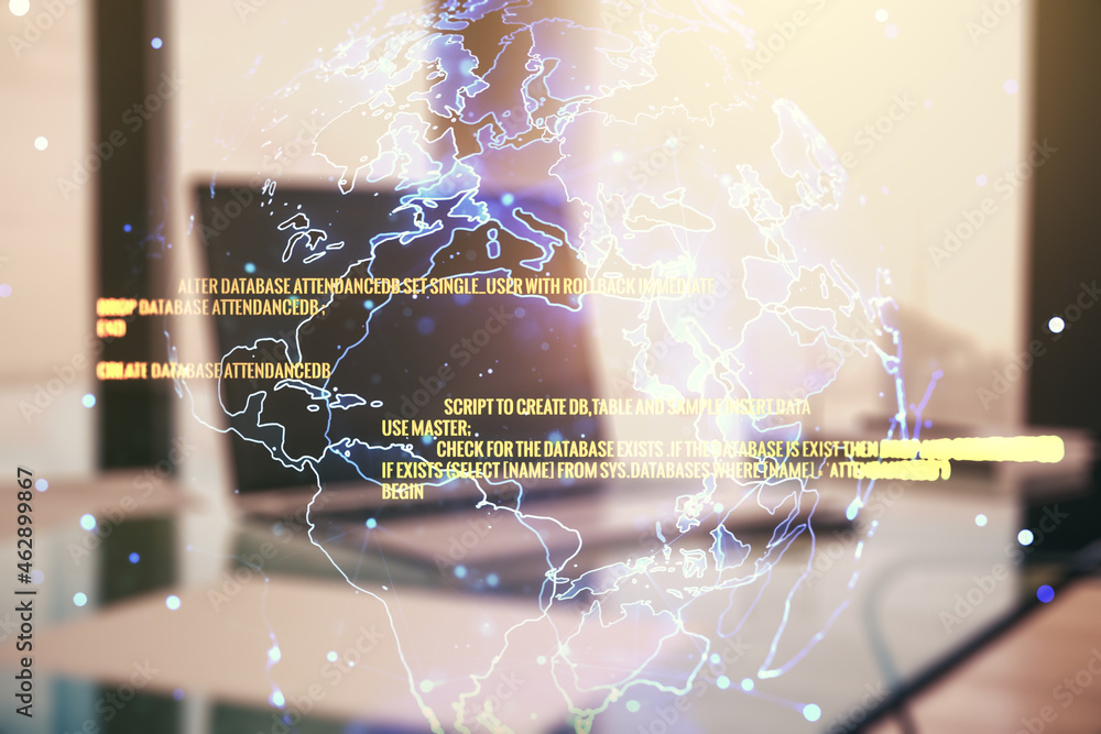 Poster multi exposure of abstract software development hologram with world map on laptop background, global