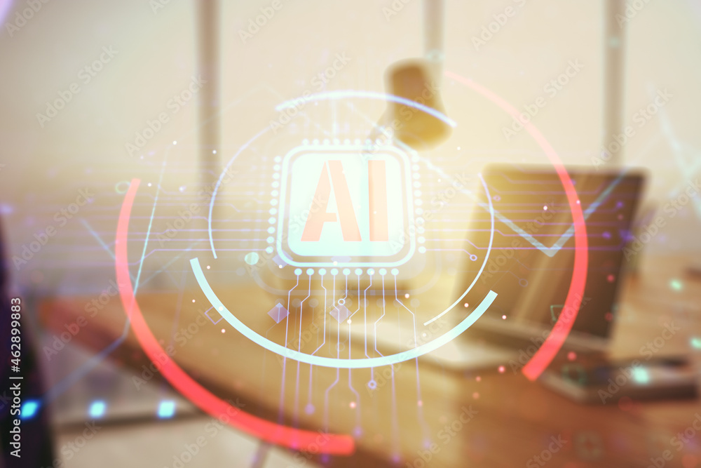Aufkleber double exposure of creative artificial intelligence abbreviation with computer on background. future