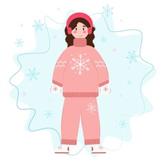 Obraz premium Cute girl in pink winter clothes. Vector illustration in flat style