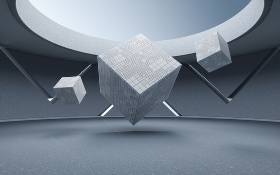 Cubes in a round room, 3d rendering.