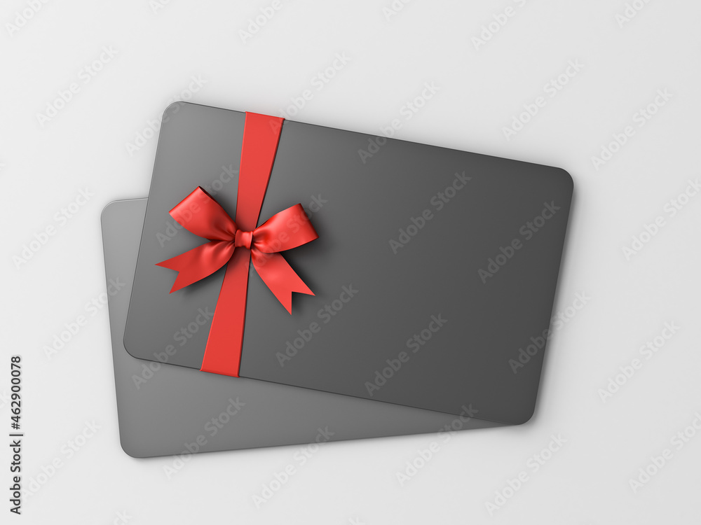 Poster Black gift card with red ribbon and bow isolated on white background with shadow minimal concept 3D rendering