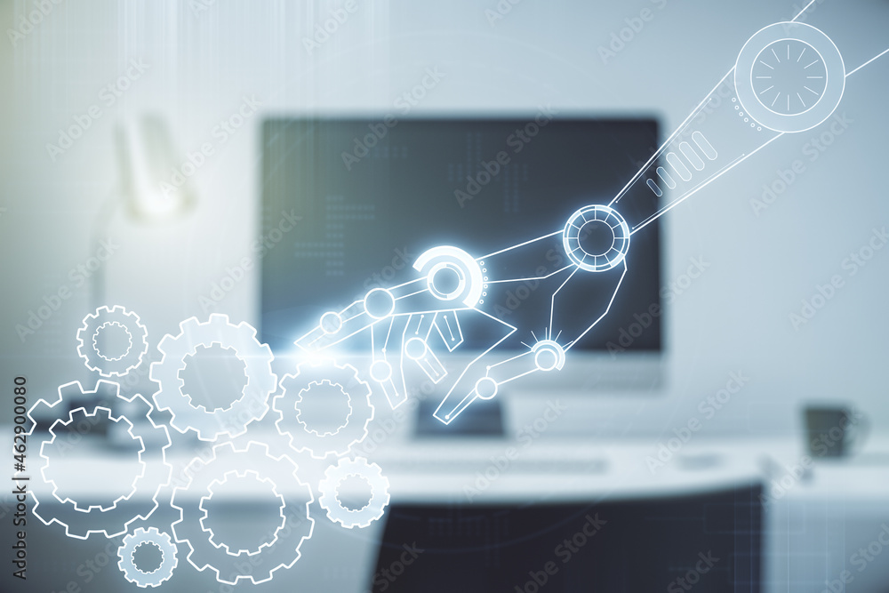Aufkleber double exposure of robotics technology hologram on laptop background. research and development softw