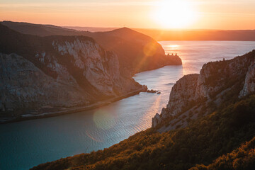 Danube river at sunset near czech village Svanta Elena, Banta, Romania.