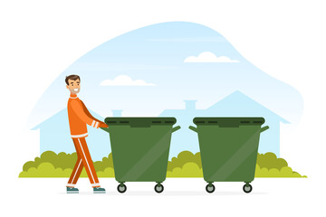 Man Waste Collector or Garbageman in Orange Uniform Pushing Dustbin with Municipal Solid Waste and Recyclables Vector Illustration © topvectors