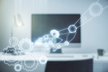 Double exposure of robotics technology hologram on laptop background. Research and development...