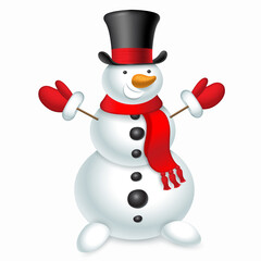 Cheerful Christmas snowman in a top hat, red scarf and mittens. Vector illustration on white background