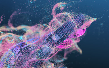 Glowing particles and digital hand, 3d rendering.