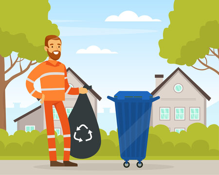 Bearded Man Waste Collector or Garbageman in Orange Uniform Collecting Municipal Solid Waste and Recyclables in Dustbin Vector Illustration