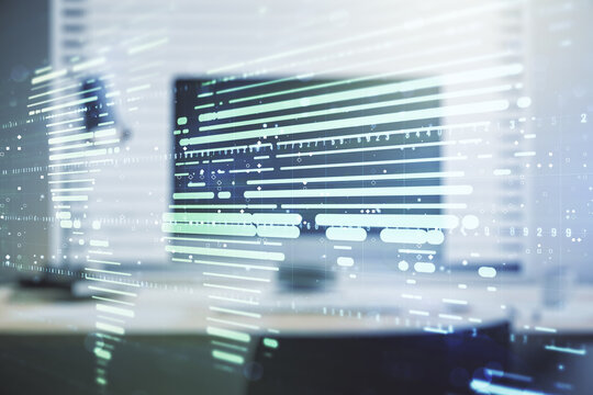 Double exposure of abstract digital world map on computer background, big data and blockchain concept