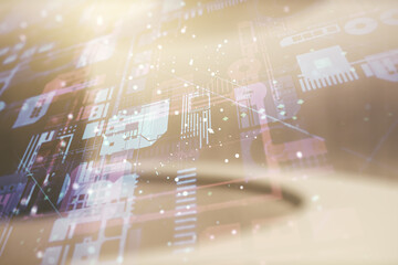 Double exposure of abstract creative programming illustration on empty room interior background, big data and blockchain concept