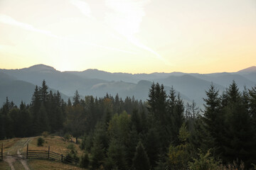 Picturesque view of mountain landscape with forest and wooden fence