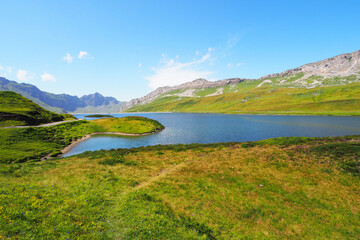 Panorama view of lake Tannensee near Melchsee Frutt, Canton Obwalden, Switzerland.