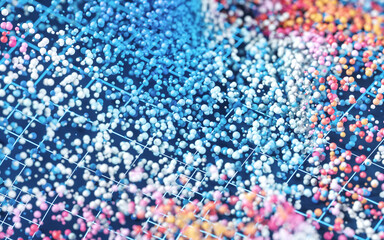 Colored particles with blue background, 3d rendering.