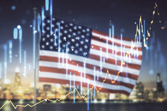 Multi exposure of abstract virtual financial graph hologram on USA flag and blurry cityscape background, forex and investment concept