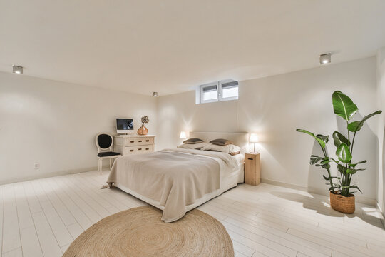 Contemporary bedroom interior with bed against computer at home