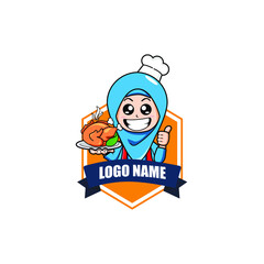 Muslim girl character logo with grilled chicken food