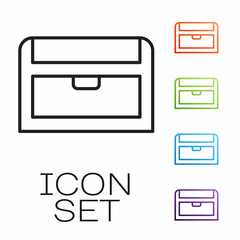 Black line Antique treasure chest icon isolated on white background. Vintage wooden chest with golden coin. Set icons colorful. Vector
