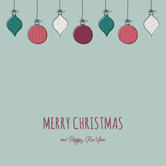 Christmas card with hand drawn baubles and wishes. Vector