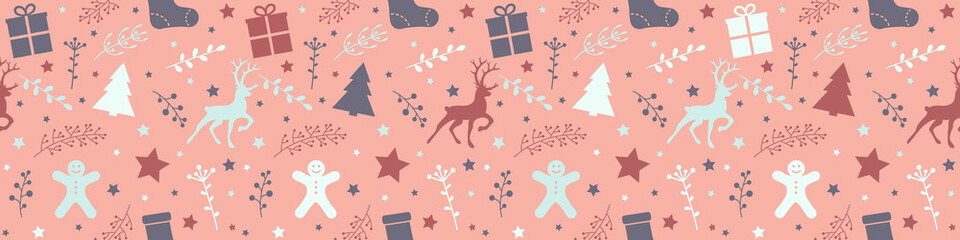 Concept of a seamless pattern with Christmas decorations. Xmas background. Banner. Vector