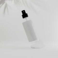 white plastic bottle flying  with a white label for mockup and white background with palm shadow