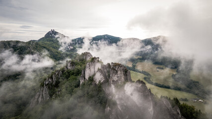 Aerial view of the Sulov rocks nature reserve in the village of Sulov in Slovakia