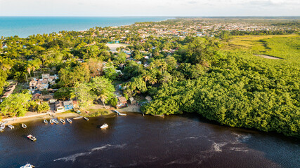 Caraíva, Porto Seguro, Bahia. Aerial view of the village of Caraíva and the river