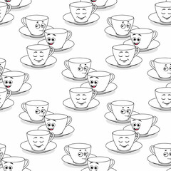 Tea utensils with pronounced facial expressions. Children's pictures, decorative background.