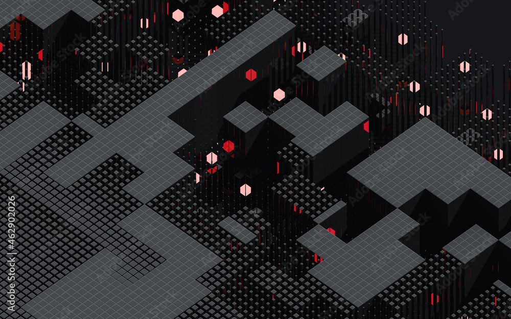 Poster cubes and abstract geometries, 3d rendering.