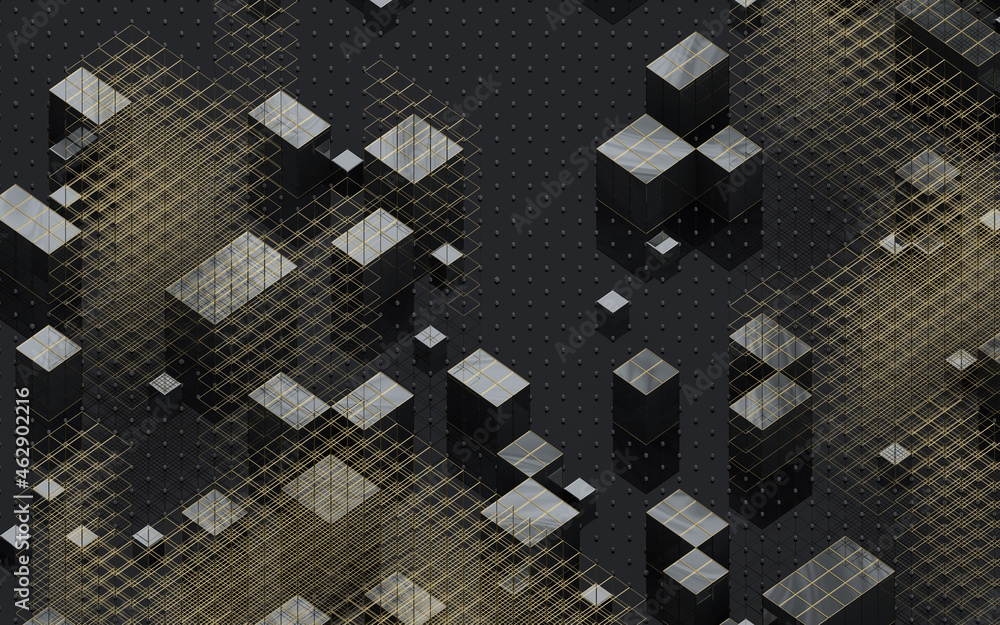 Poster cubes and abstract geometries, 3d rendering.
