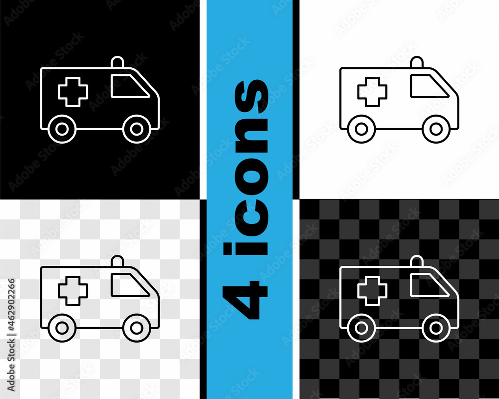 Canvas Prints Set line Ambulance and emergency car icon isolated on black and white, transparent background. Ambulance vehicle medical evacuation. Vector