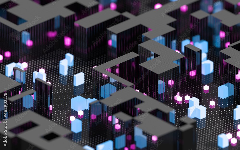 Poster cubes and abstract geometries, 3d rendering.