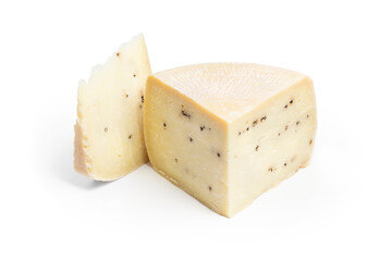 hard cheese with pepper, pecorino formaggio pepato stagionato isolated on whithe background