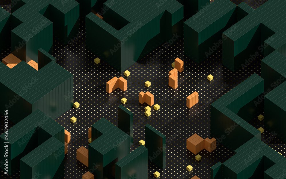 Poster cubes and abstract geometries, 3d rendering.