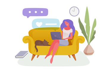 Pretty woman sitting on the couch with a laptop. Perfect for remote work backgrounds, freelance infographics, site hero images.