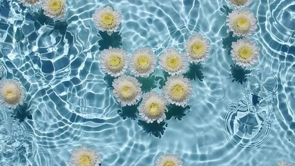 White chrysanthemum flowers on water surface and falling water drops, waves on blue background. Water splash blue colored. Pure water with reflections sunlight and shadows. High quality 4k footage