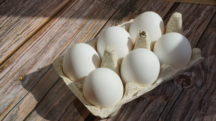 white chicken eggs in a cardboard tray on a wooden surface sun rays breakfast