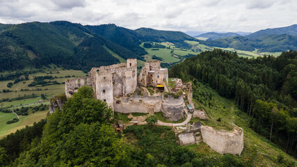Aerial view of the castle in the village of Lietava in Slovakia