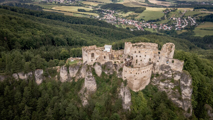 Obraz premium Aerial view of the castle in the village of Lietava in Slovakia
