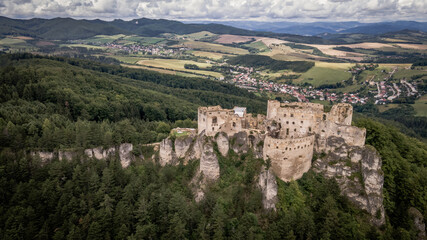 Fototapeta na wymiar Aerial view of the castle in the village of Lietava in Slovakia