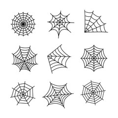 Halloween set of black spider web isolated on white background. Vector design elements.