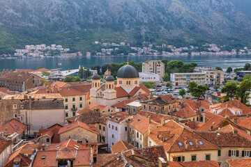 Fototapeta na wymiar View to Old Town Kotor from above at sunset in Montenegro.