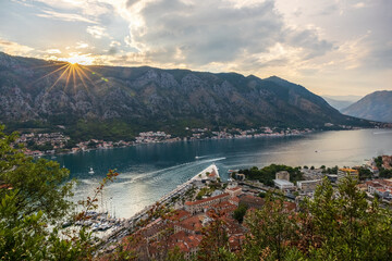 Obraz premium View to Old Town Kotor from above at sunset in Montenegro.