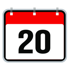 Calendar, 20th, number twenty, realistic vector icon with red border on a white background. 